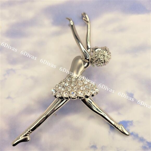 𝅺DANCING Ballerina Silver Tone Brooch with Sparkling Crystals - Picture 7 of 14